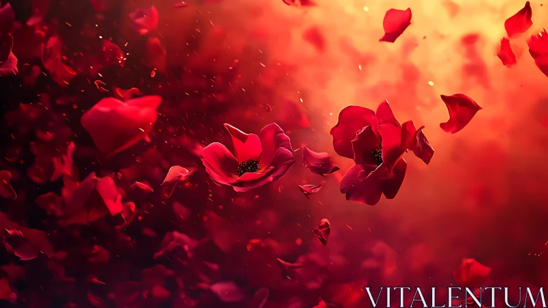 Red Poppies Swirling in Fiery Light. Dramatic Floral Motion.