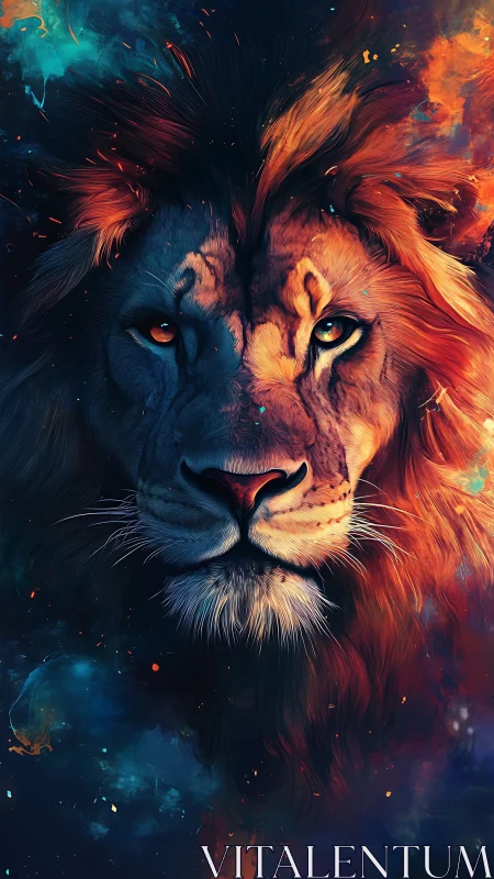 Cosmic lion portrait split by fire and shadow light.
