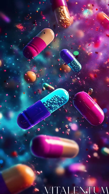 Floating gel capsules render depicts vibrant pharmaceutical microgranules