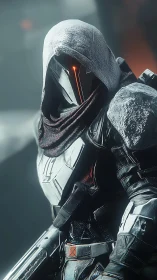 Mysterious armored guardian in a glowing sci fi hooded helm.