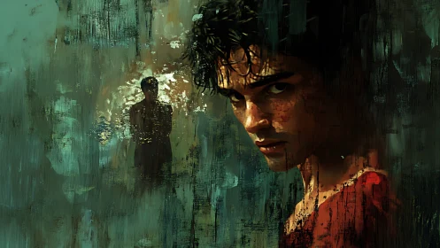 Glitched brushstroke portrait shows tense male gaze in teal noise