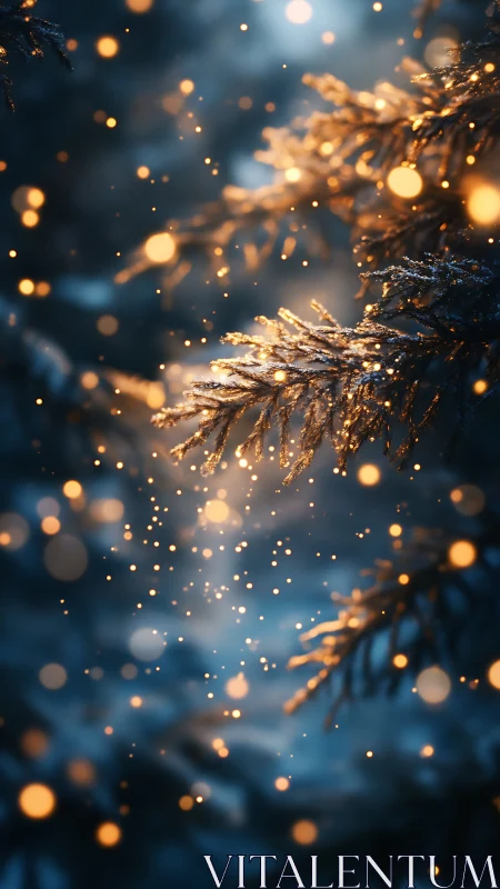 Conifer branches with glowing particles in cool twilight.