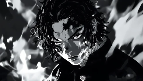 Intense anime hero framed by swirling monochrome flames.