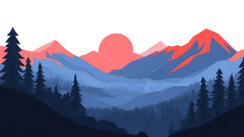 Gentle sunrise washing bold red peaks in peaceful forest.