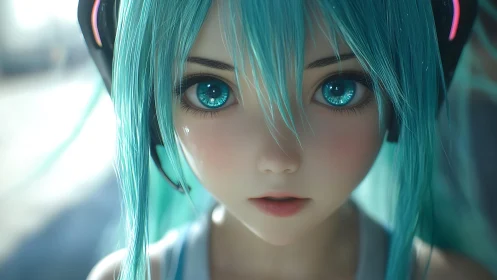 Turquoise-haired anime girl gazes ahead with luminous eyes.