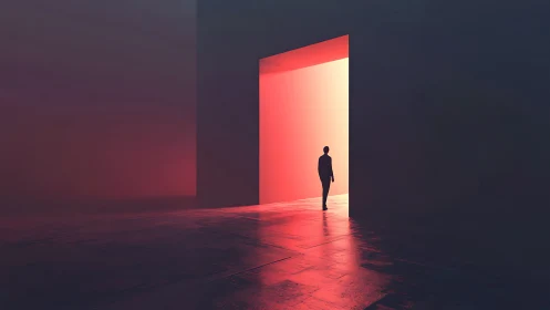 Silhouette entering overscaled portal in saturated red void.