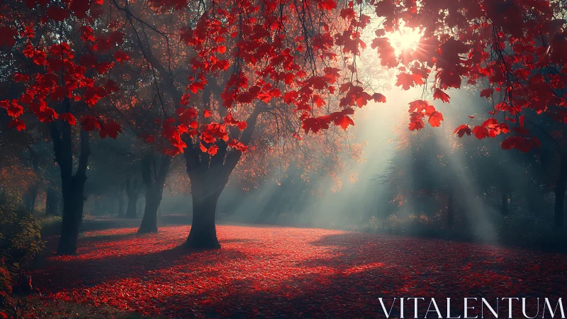 Crimson autumn forest path under misty sunrise light.