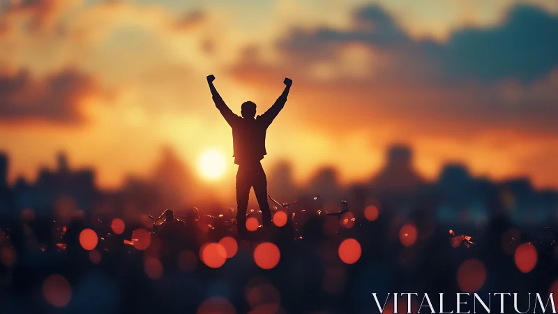 Silhouetted person with raised arms against city sunset.