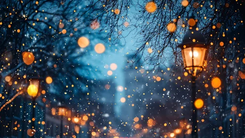 Photorealistic winter street with lamplight bokeh overlay.