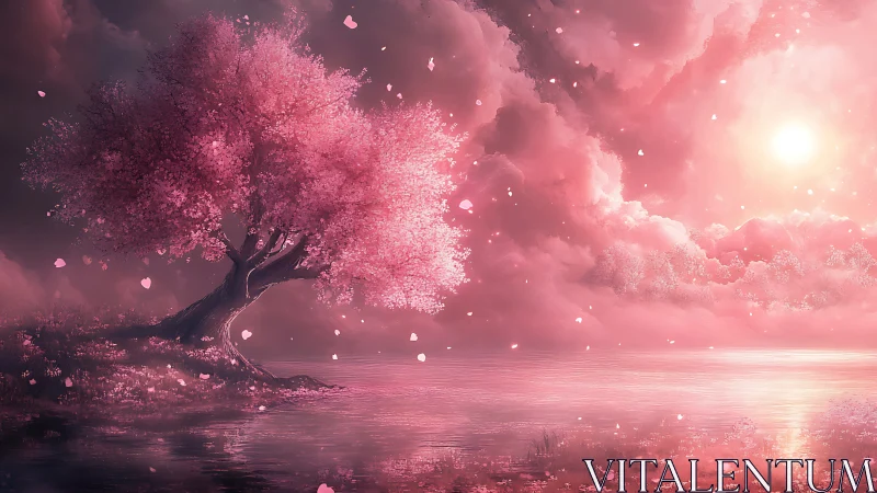 Dreamy pink blossom tree beside a tranquil pastel lake.