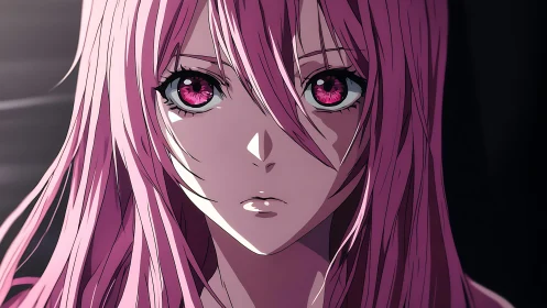 Anime portrait with magenta hair and cinematic chiaroscuro lighting.