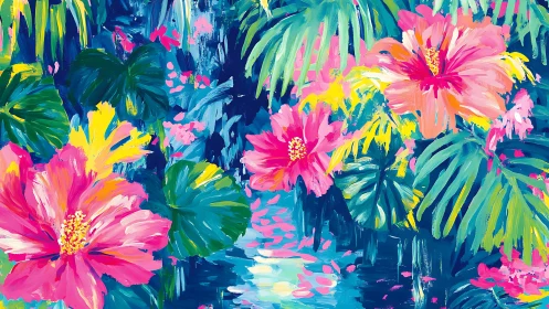 Vibrant impasto tropical hibiscus and foliage over water