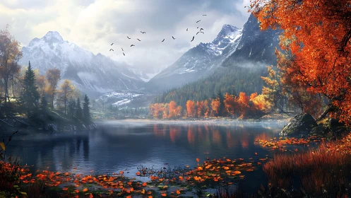 Autumn alpine lake with volumetric fog and high dynamic range lighting
