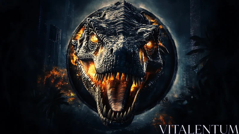 Volcanic theropod head emblem with incandescent jawline flare.