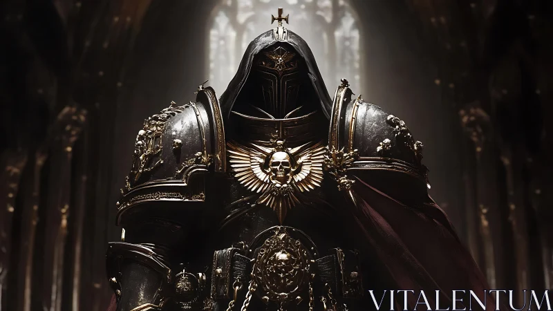 Armored gothic paladin stands solemn beneath cathedral light