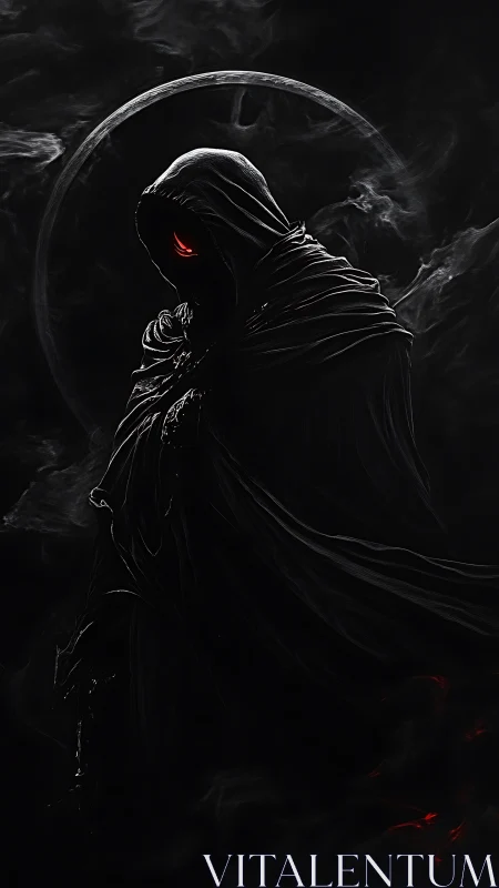 Hooded wraith silhouette with crimson eye in swirling smoke.