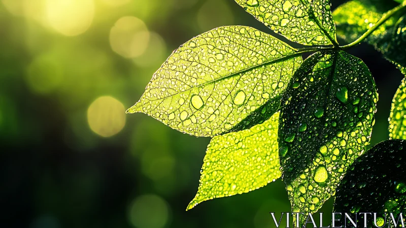 Backlit green leaves hold dewdrops against soft bokeh glow