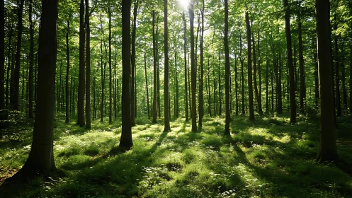 Sunlit green forest with tall trees and soft morning light.