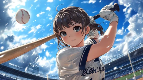 Anime-style batter prepares to hit a baseball in stadium setting