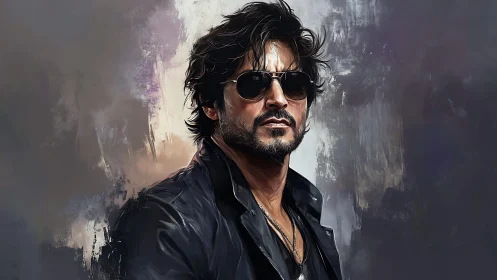 Brooding leather clad man stands against abstract painted dusk