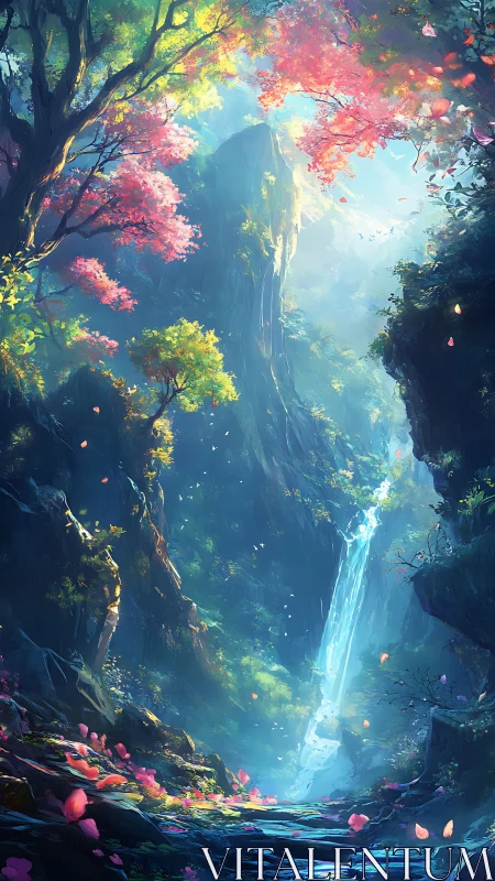 Enchanted canyon waterfall under luminous blossom canopy.