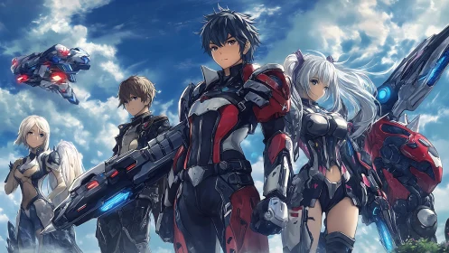 Armored anime squad stands ready beneath bright open sky