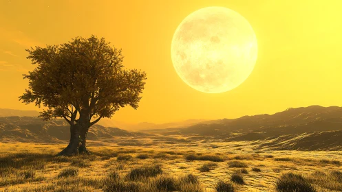 Lone savanna tree under oversized lunar disk at golden dusk.