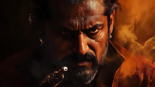 Intense gunman portrait rendered in high-contrast digital chiaroscuro