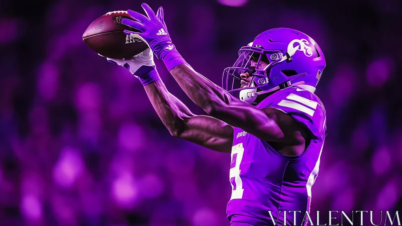 Electric violet receiver leaps to secure football pass.