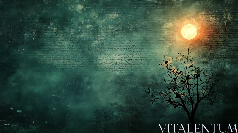 Moonlit tree silhouette against textured teal sky.