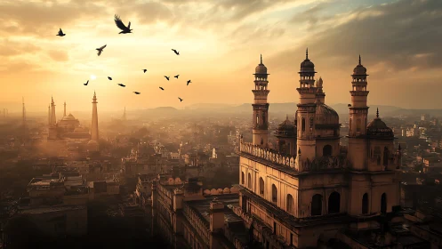 Sunrise over historic domed city skyline with birds in flight