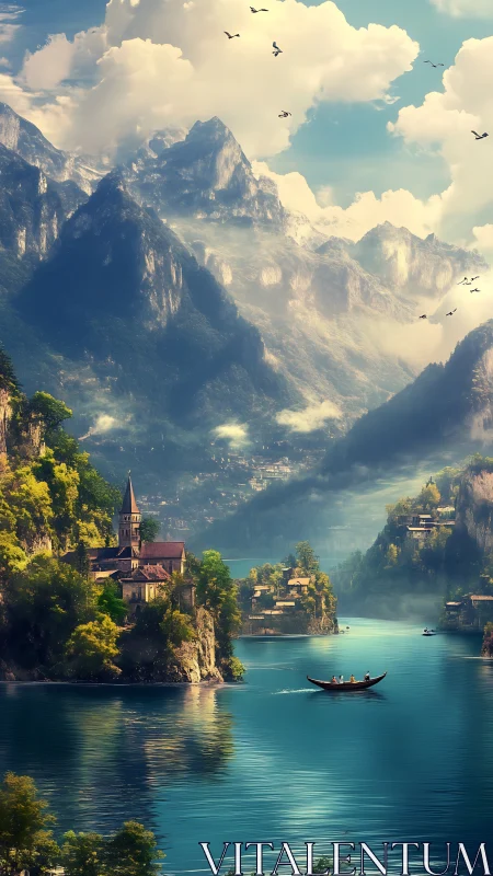 Fantasy alpine lake village with atmospheric depth rendering.