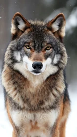 Front-facing wolf portrait in winter habitat, telephoto focus