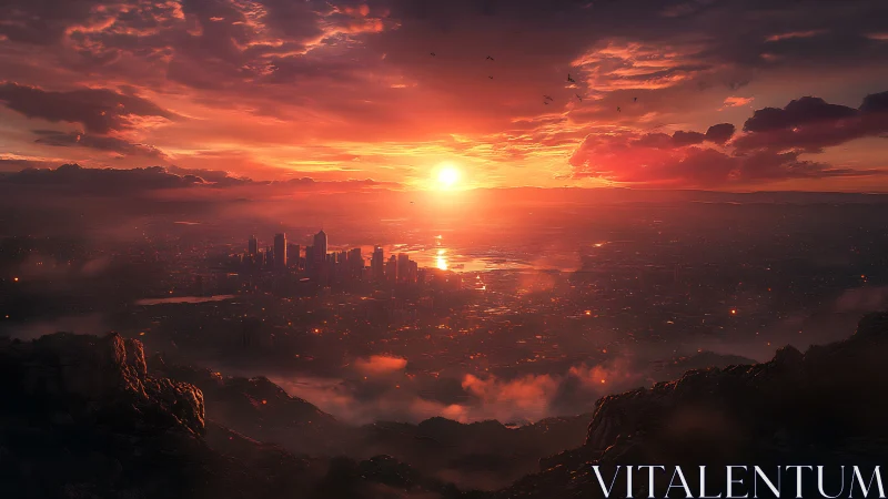 Glowing city skyline embraced by a breathtaking sunset sky.