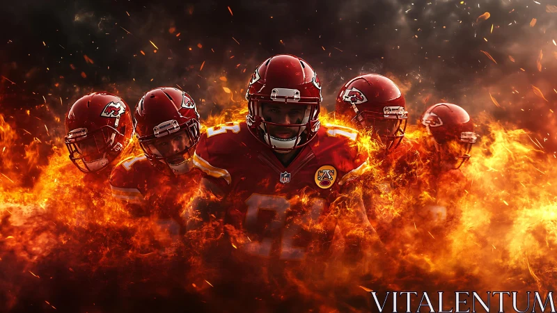 Fiery football squad charges forward through blazing flames.
