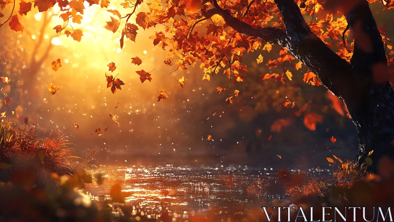 Autumn tree with falling leaves by reflective woodland stream.