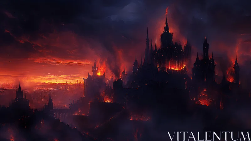 Medieval city engulfed in catastrophic inferno with silhouetted spires ablaze.