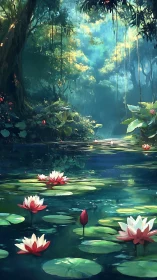 Luminous forest pond renders layered depth with floating lotus pads