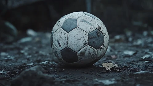 Weathered soccer ball resting on bleak muddy ground.
