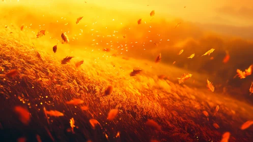 Autumn foliage drifting over sunlit field at sunset.