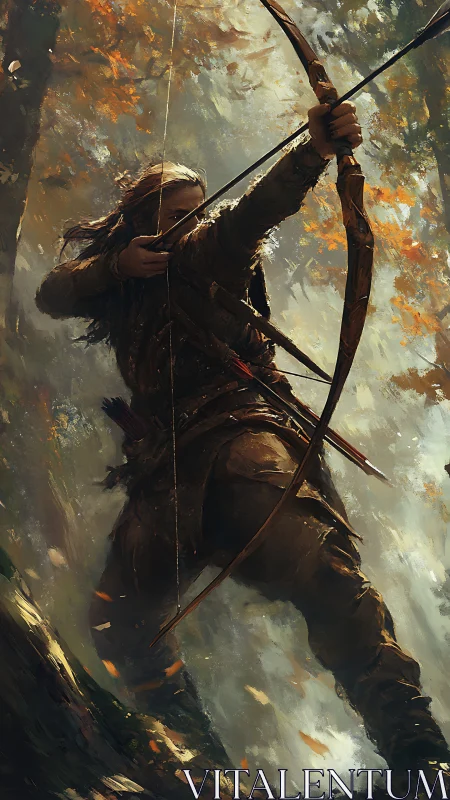 Archer draws a longbow amid autumn woodland in dynamic profile