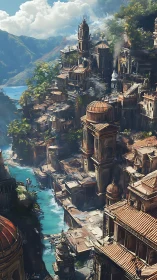 Terraced river settlement with worn classical architecture.