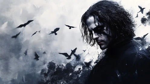 Brooding crow-marked warrior stalks through stormed sky veil.