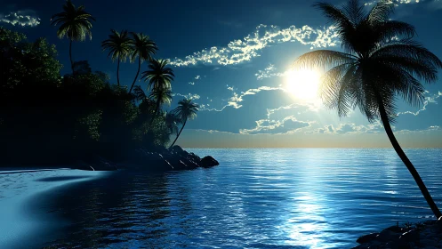 Tropical Paradise: Palm-Lined Beach at Golden Hour.