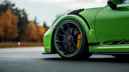 Green sports car detail with wheel and brake focus shot.