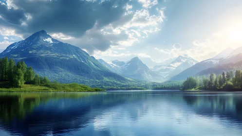 Photoreal alpine lake panorama with luminous backlighting.