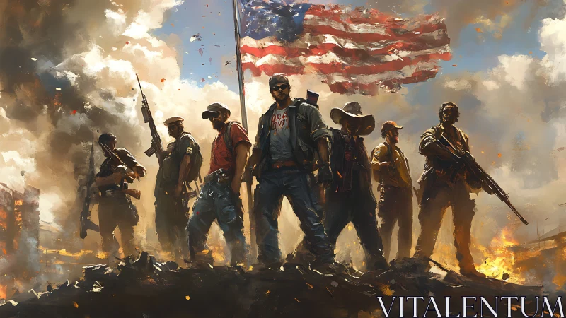 Armed militia squad under tattered American flag in ruins.