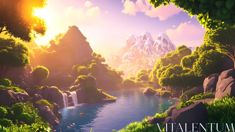 Sunlit mountain lake with cascading waterfalls and lush forest.