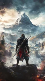 Armored swordsman overlooking snowcapped fortress valley panorama