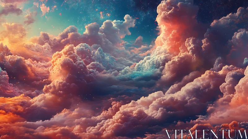 Celestial cotton kingdoms glow in star-tinted sunset clouds.